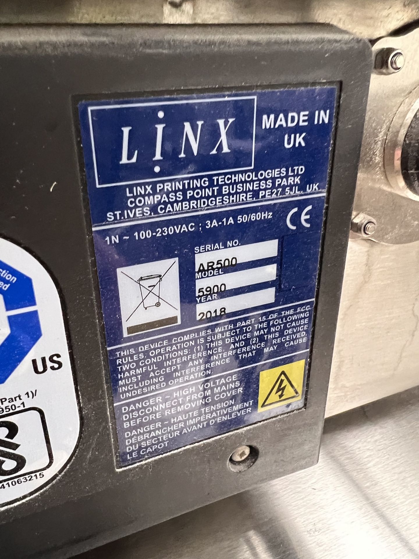 2018 LINX SINGLE HEAD DATE CODER, MODEL 5900, S/N AR500, 100-230 VAC,50/60 HZ - Image 7 of 9