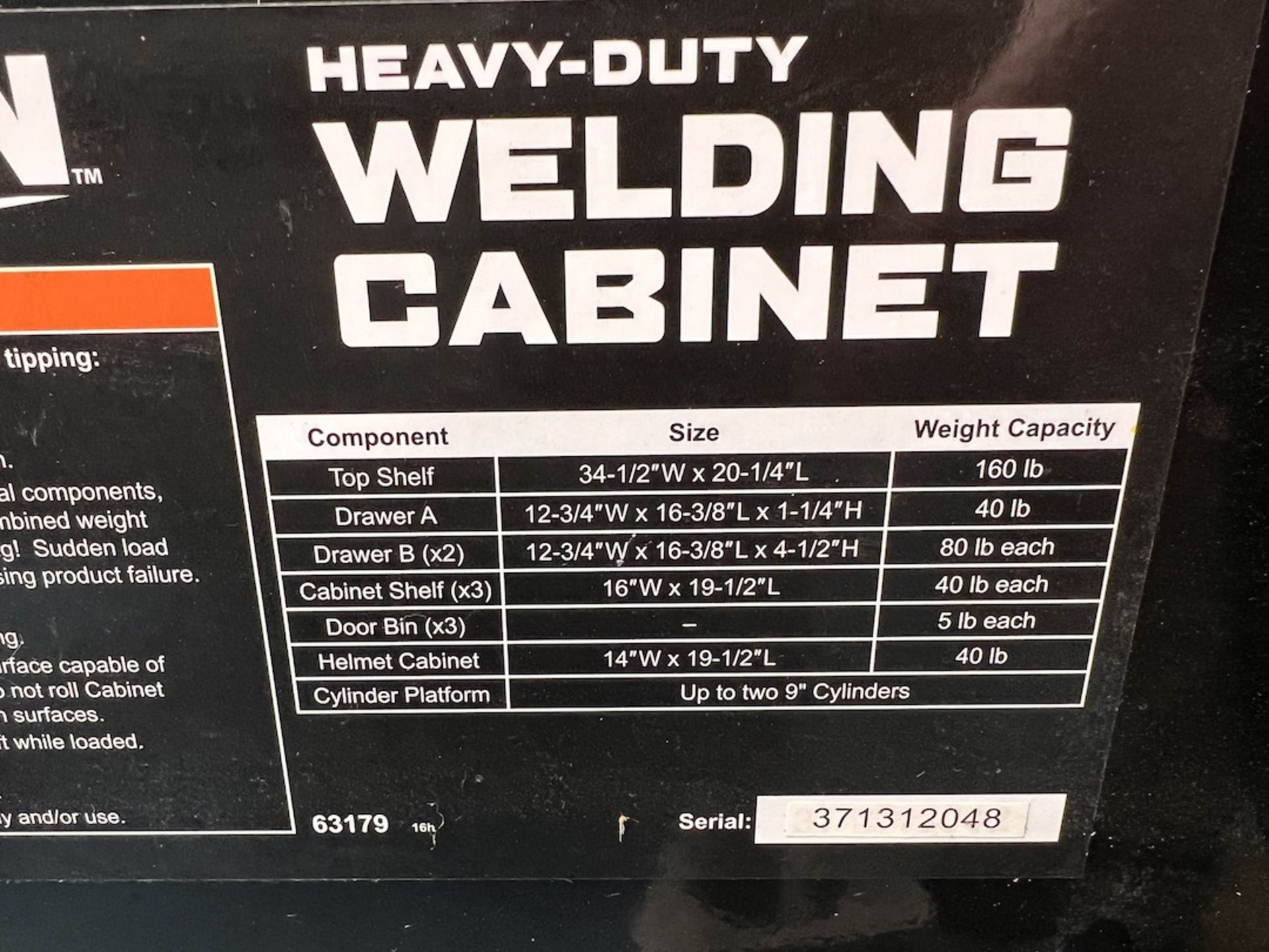 VULCAN WELDING CABINET, WITH (2) 9" CYLINDER CAPACITY, S/N 371312048 - Image 6 of 8
