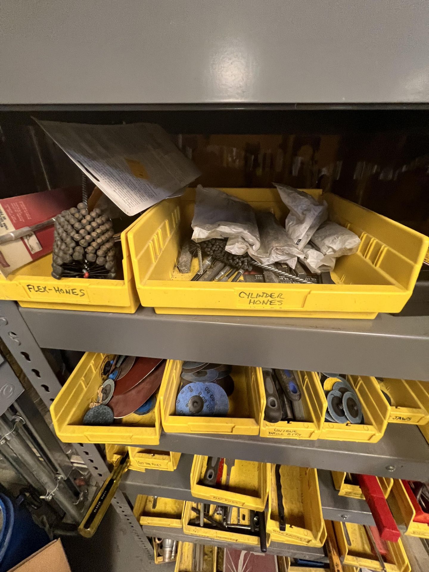 ASSORTED TOOLS AND HARDWARE ON RACK, INCLUDES DRILL BITS, WELDING HARDWARE, TAPS, DIES, GRINDING - Image 32 of 35