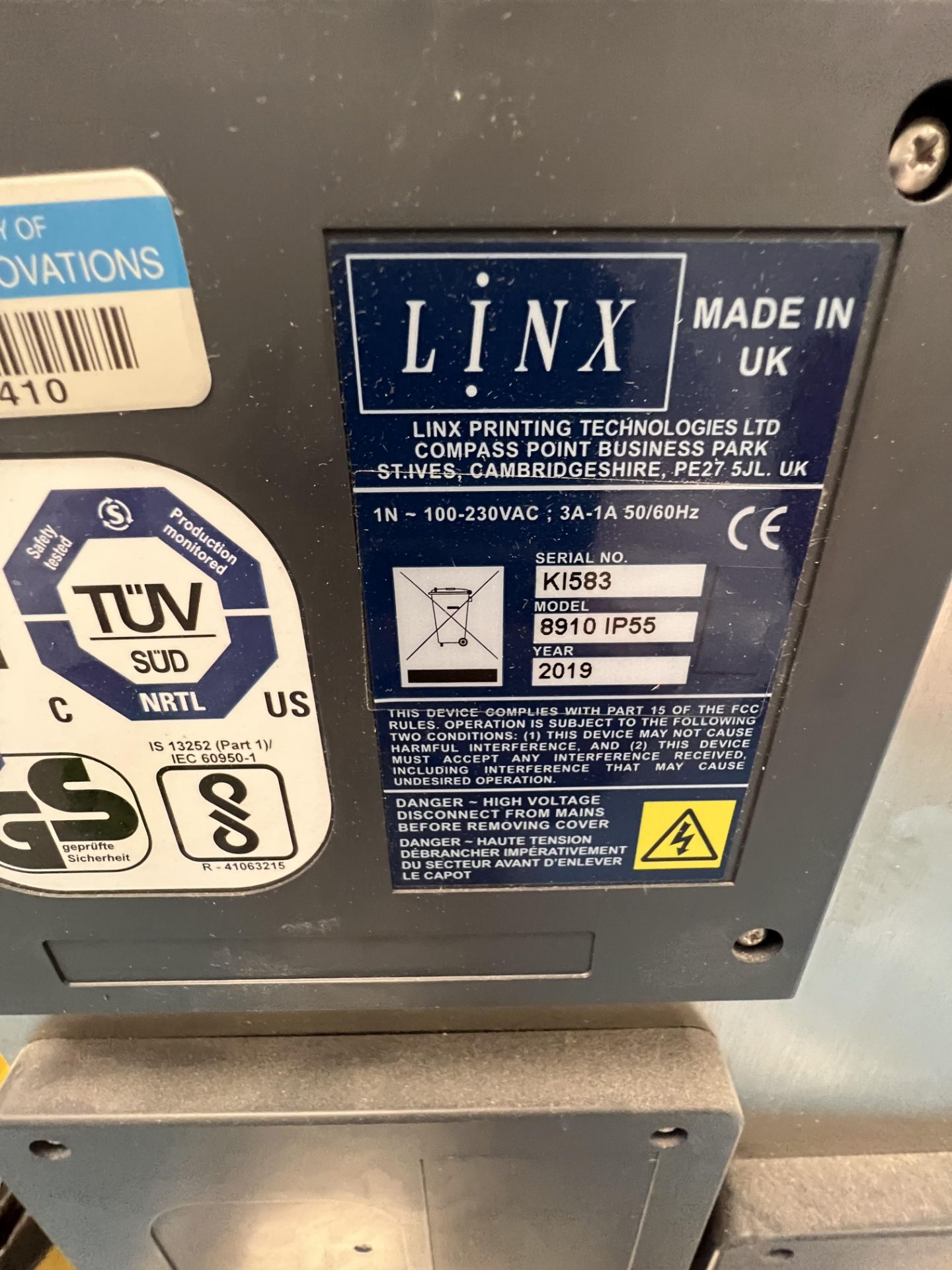 2019 LINX SINGLE HEAD DATE CODER, MODEL 8910 IP55, S/N K1583 - Image 3 of 4