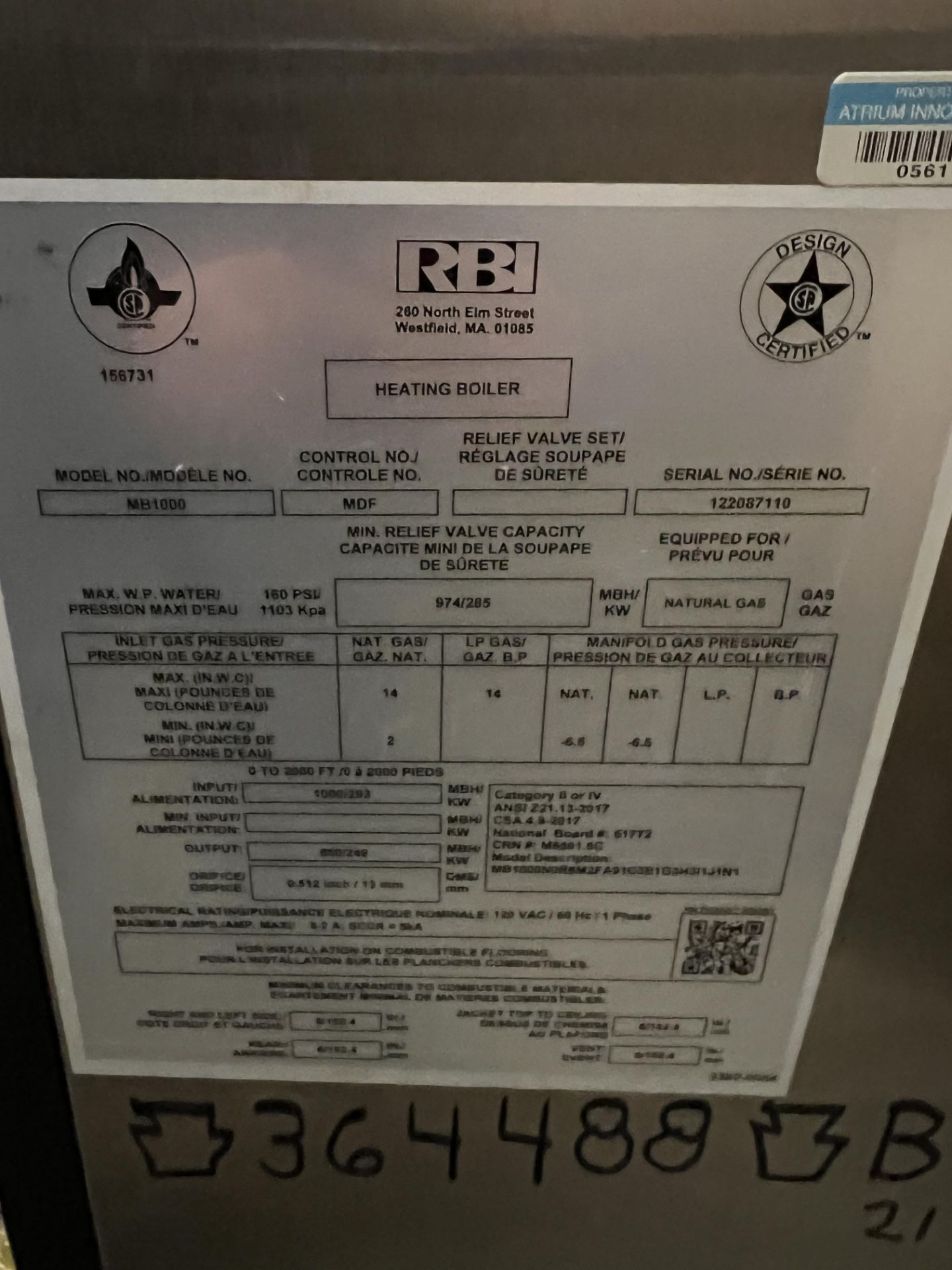 RBI FUTERA 3 NATURAL GAS BOILER, MODEL MB1000, S/N 122087110, 160 PSI, PREVIOUSLY OPERATING IN - Image 7 of 9