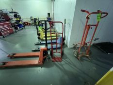 MATERIAL HANDLING EQUIPMENT, INCLUDES (2) 2-WHEEL DOLLIES AND HYDRAULIC PALLET JACK