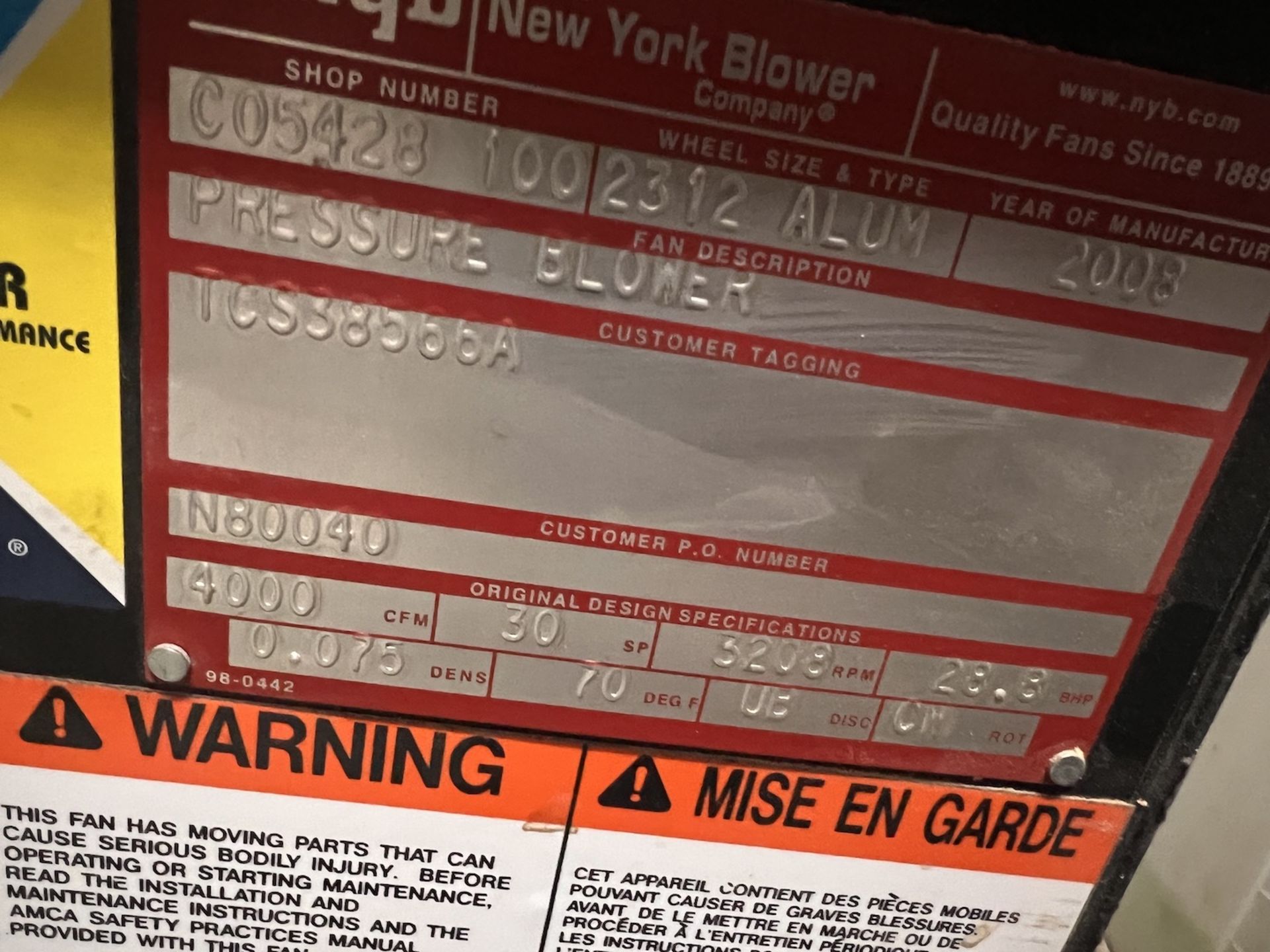 NYB NEW YORK BLOWER COMPANY 60 IN. INDUSTRIAL PRESSURE BLOWER, SHOP NUMBER C05428, 4,000 CFM ( - Image 8 of 19