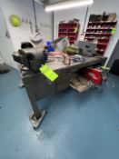 METAL WELDING TABLE WITH MULTIPLE VISES, INCLUDES CONTENTS OF CABINETS, C-CLAMPS AND ASSORTED TOOLS,