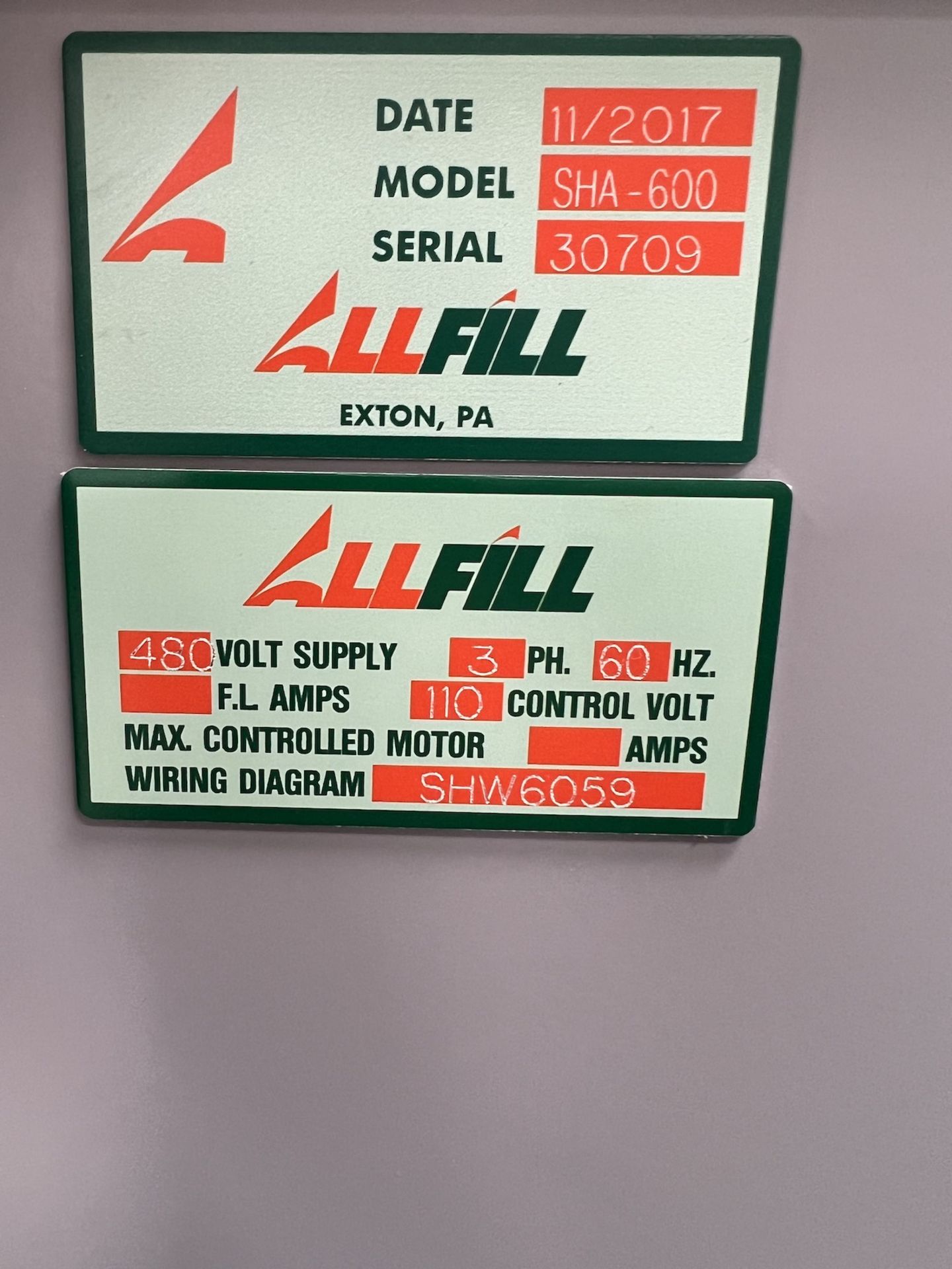 2017 ALLFILL AUGER FILLER, MODEL SHA600, S/N 30709, ALLEN-BRADLEY 1400 PLC480 V, 3 PHASE, 60 HZ - Image 16 of 20
