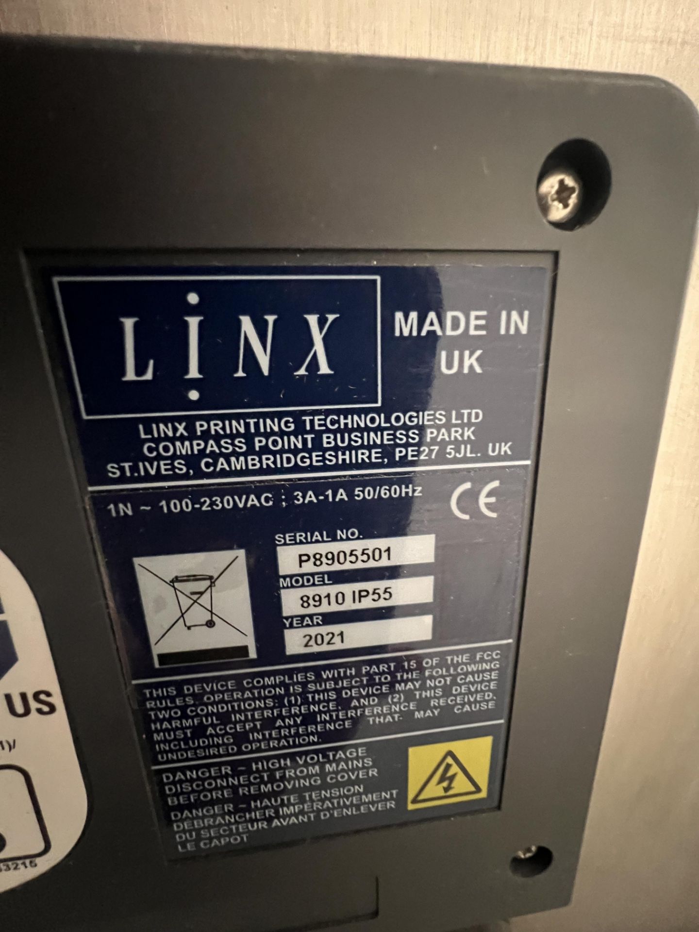 2021 LINX SINGLE-HEAD DATE CODER, MODEL 8910 IP55, S/N P8905501 - Image 3 of 4