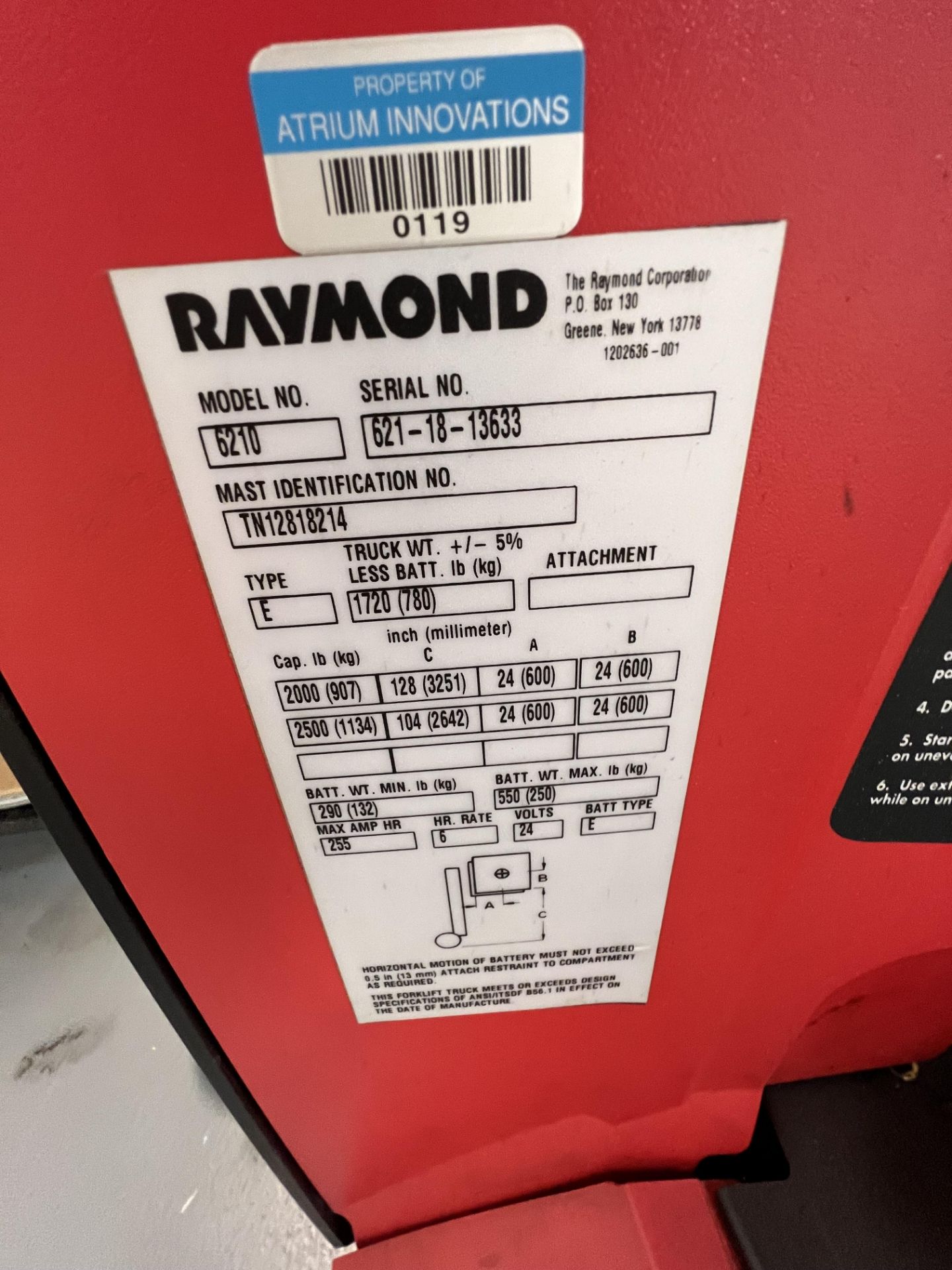 RAYMOND ELECTRIC WALK-BEHIND PALLET JACK, MODEL 6210, S/N 621-18-13633(SOLD SUBJECT TO CONFIRMATIO - Image 9 of 10