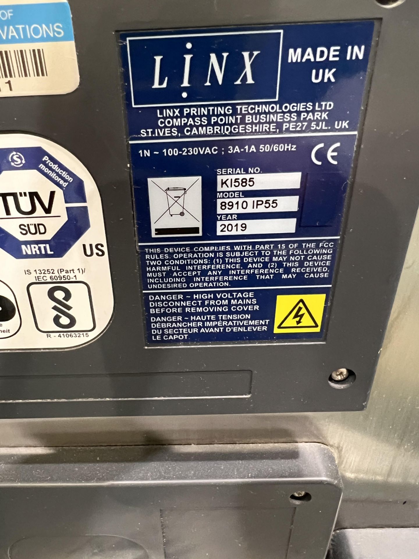 2019 LINX DATE CODER, MODEL 8910 IP55, S/N K1585 - Image 4 of 6