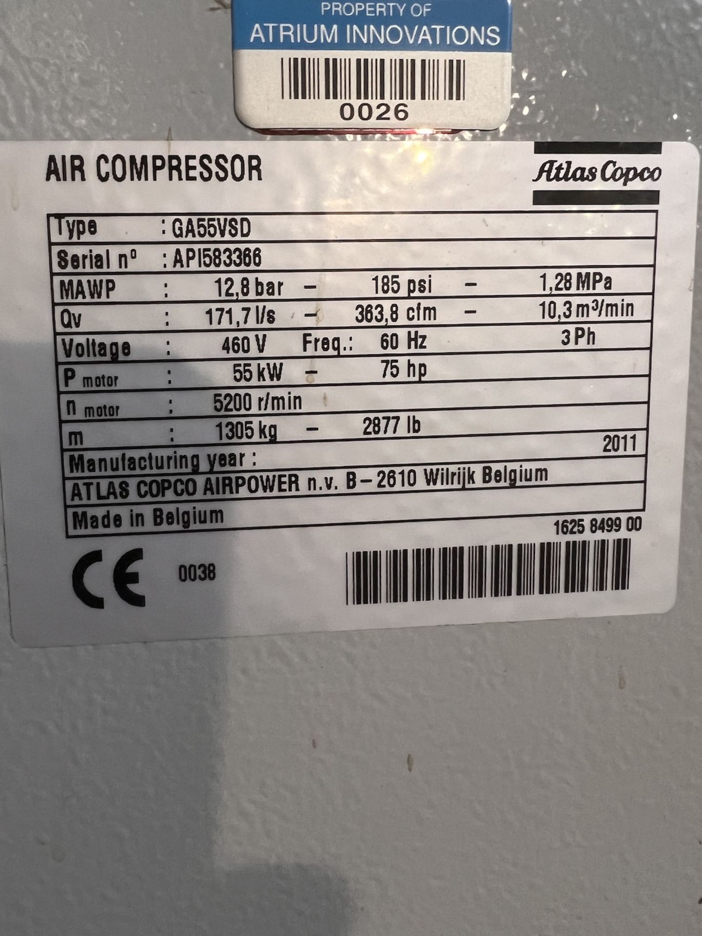2011 ATLAS COPCO AIR COMPRESSOR, MODEL GA 55 VSD FF, S/N API583366, MAWP 12,8 185 PSI, 460 V, - Image 6 of 11