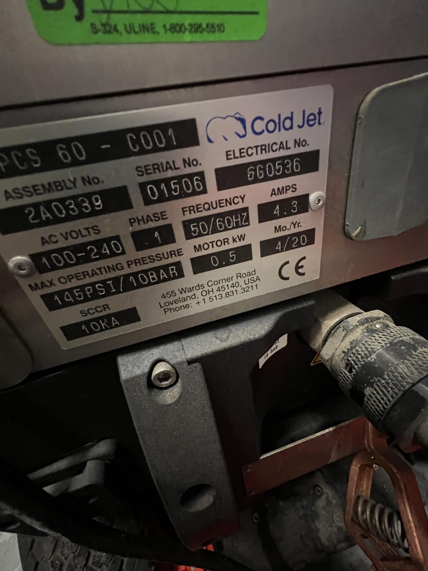 2020 COLD JET DRY ICE BLASTING MACHINE, MODEL PCS 60 - C001, S/N 01506, 100 - 240 V, 1 PHASE - Image 6 of 9