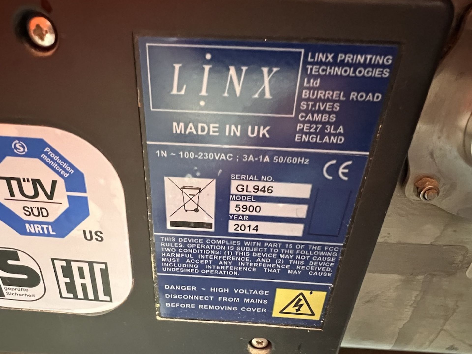 LINX SINGLE-HEAD DATE CODER, MODEL 5900, S/N 5900, 100-230 V - Image 3 of 4