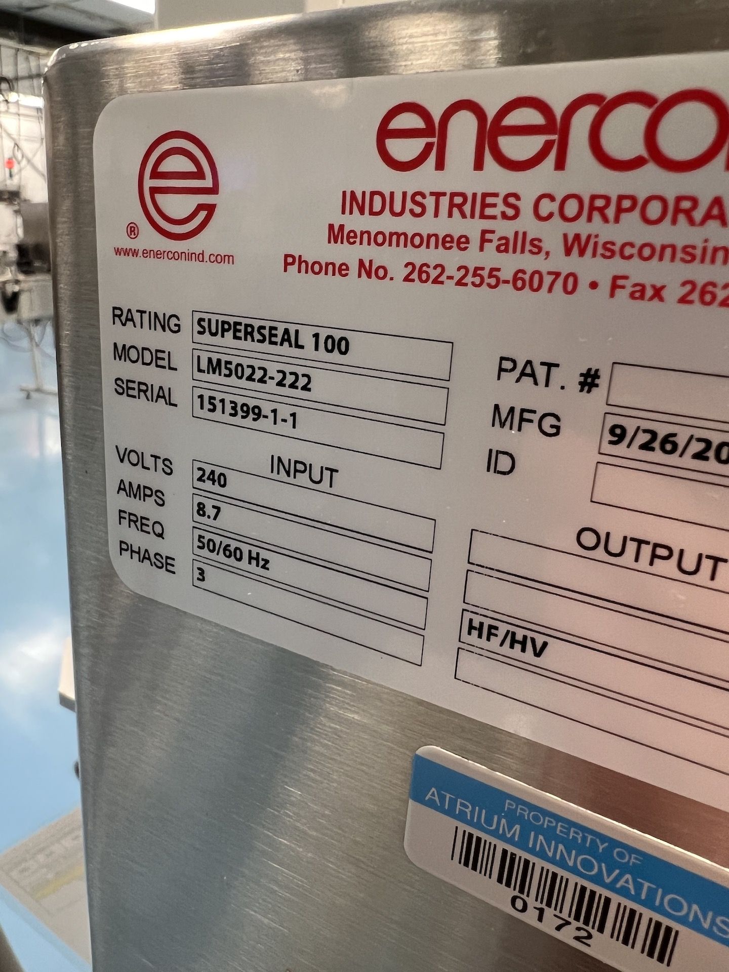 2019 ENERCON SUPERSEAL 100 INDUCTION SEALER, MODEL LM5022-222, S/N 151399-1-1, 240/3/50/60 - Image 4 of 7
