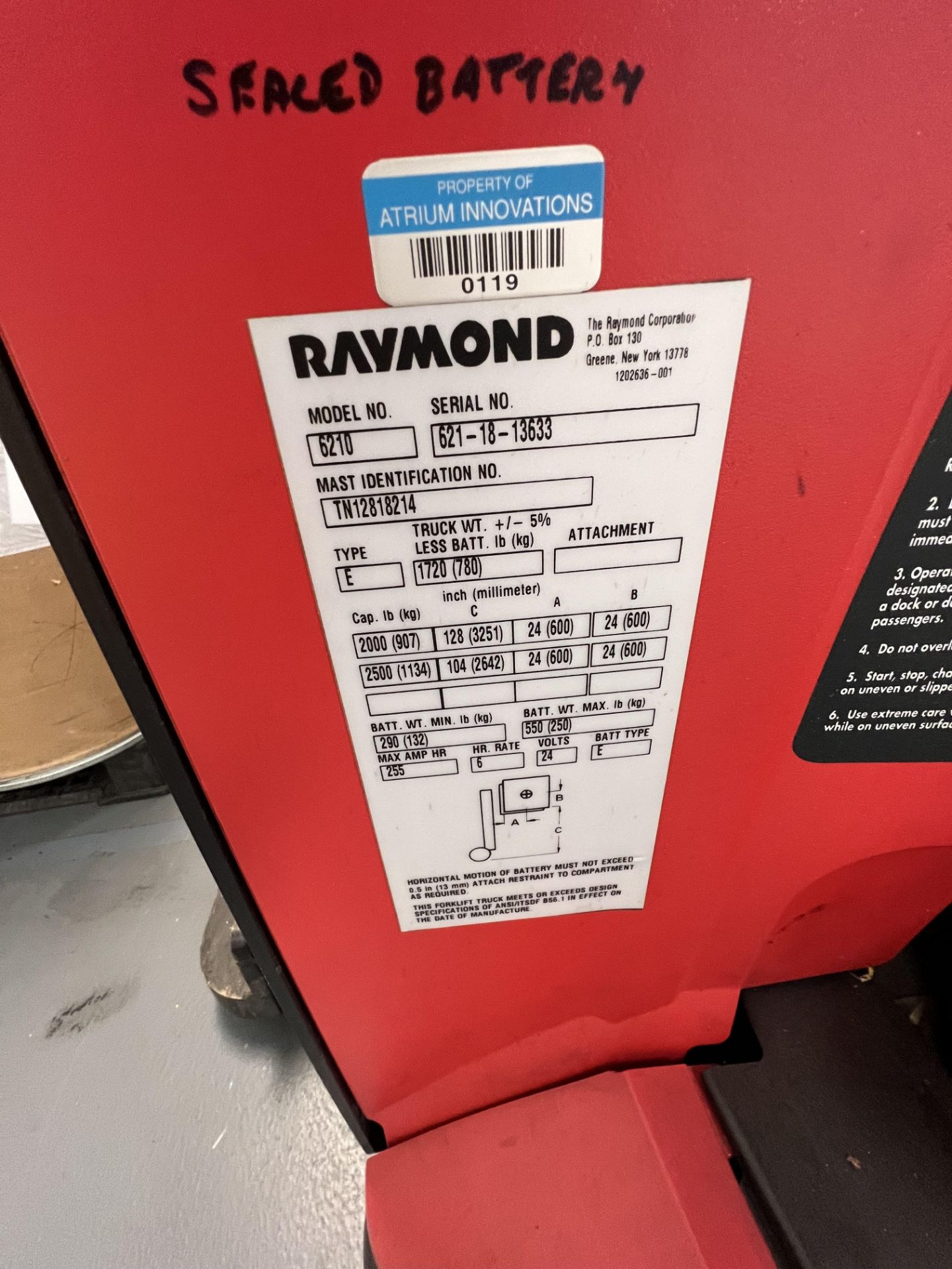 RAYMOND ELECTRIC WALK-BEHIND PALLET JACK, MODEL 6210, S/N 621-18-13633(SOLD SUBJECT TO CONFIRMATIO - Image 8 of 10