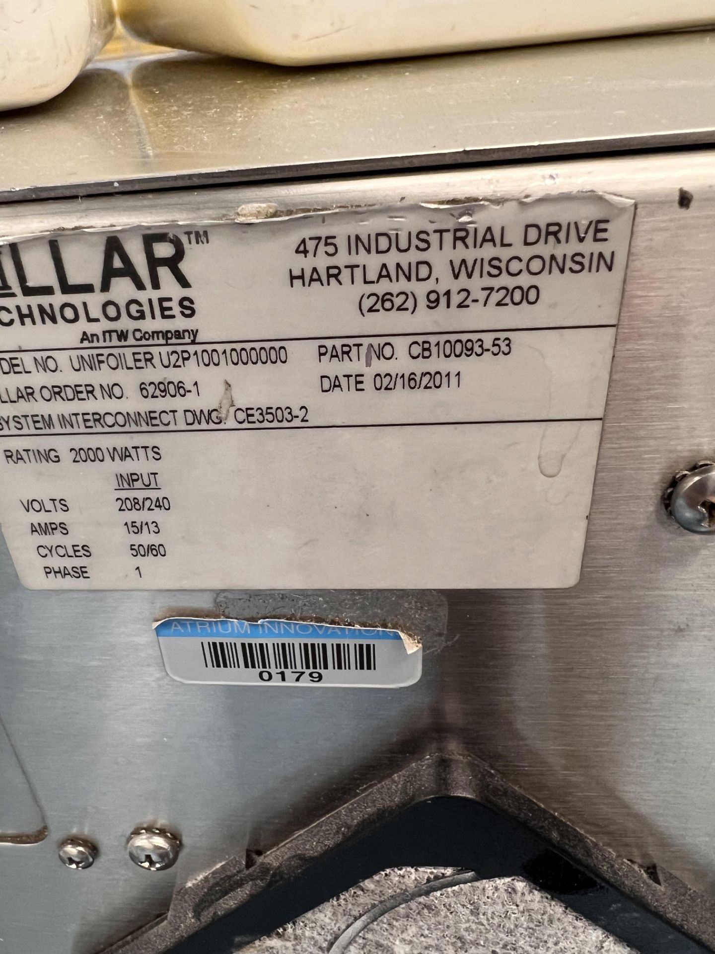 PILLAR TECH INDUCTION FOIL SEALER, MODEL UNIFOILER U2P1002000000, 2000 WATTS, 1 PHASE, 208/230 V - Image 7 of 9