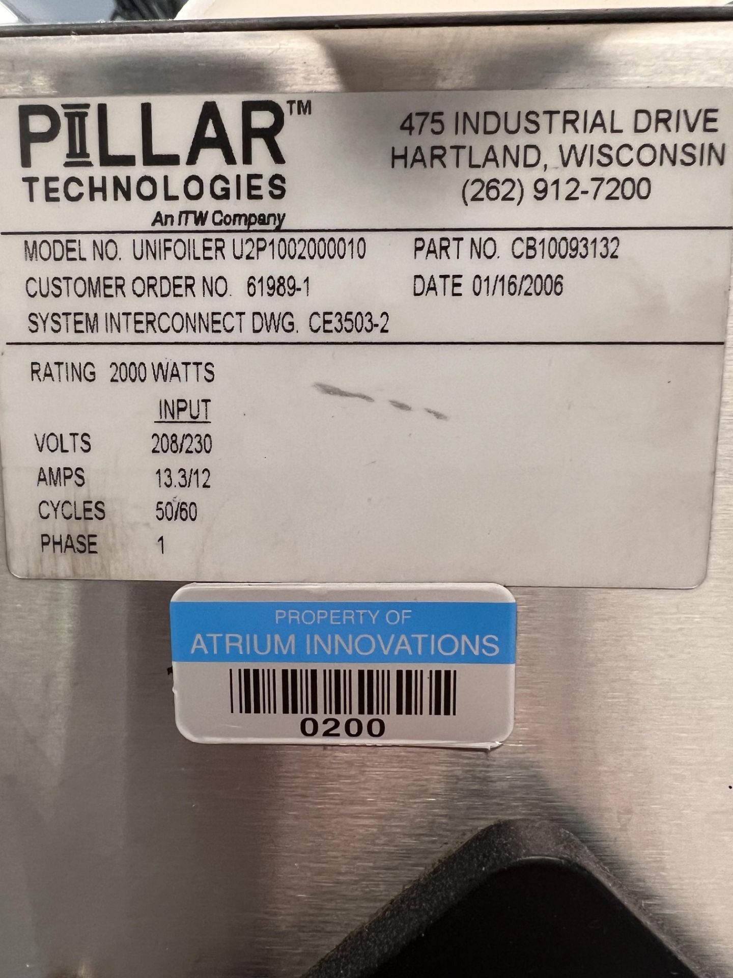 PILLAR TECH INDUCTION FOIL SEALER, MODEL UNIFOILER U2P1002000010, 2000 WATTS, 1 PHASE, 208/230 V - Image 8 of 9