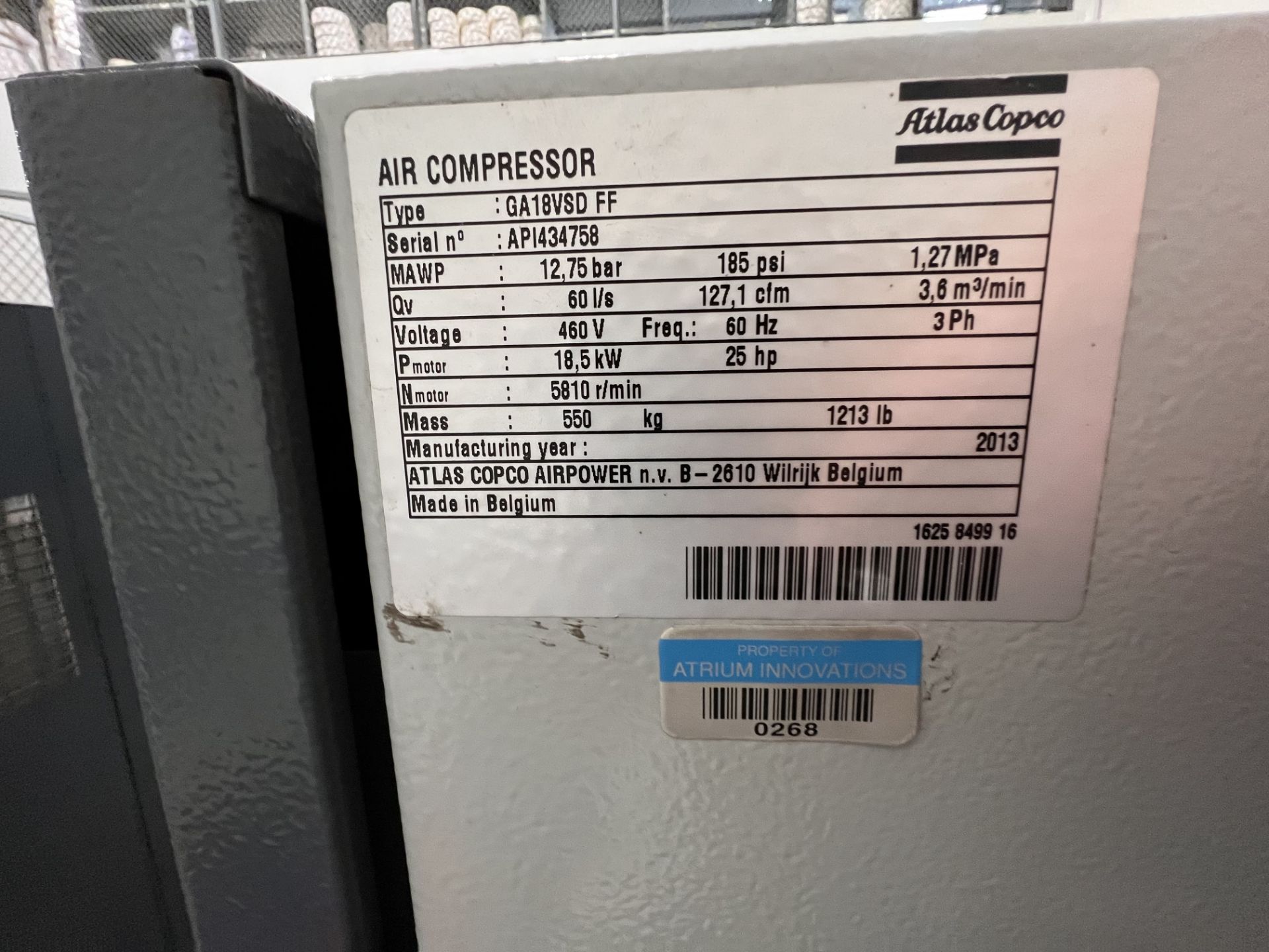 ATLAS COPCO AIR COMPRESSOR, MODEL GA18VSD+FF, S/N AP1434758,25 HP, 5810 RPM, 185 PSI, 460 V, 60 - Image 10 of 10