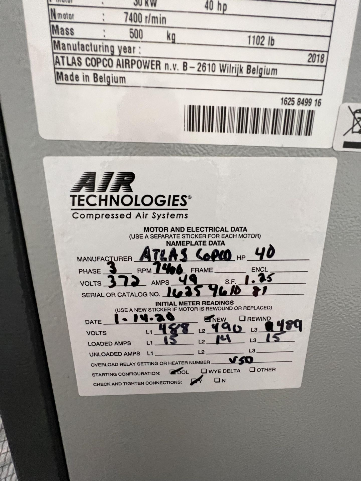 2018 ATLAS COPCO AIR COMPRESSOR, MODEL GA30VSD+FF, S/N AP1838082, 40 HP, 7400 RPM, MAWP 12,75 BAR, - Image 9 of 11