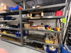 METAL RACK WITH CONTENTS, INCLUDES CONVEYOR COMPONENTS, TRIM LOK, PLUMBING SUPPLIES, HARWARE, HOSES,