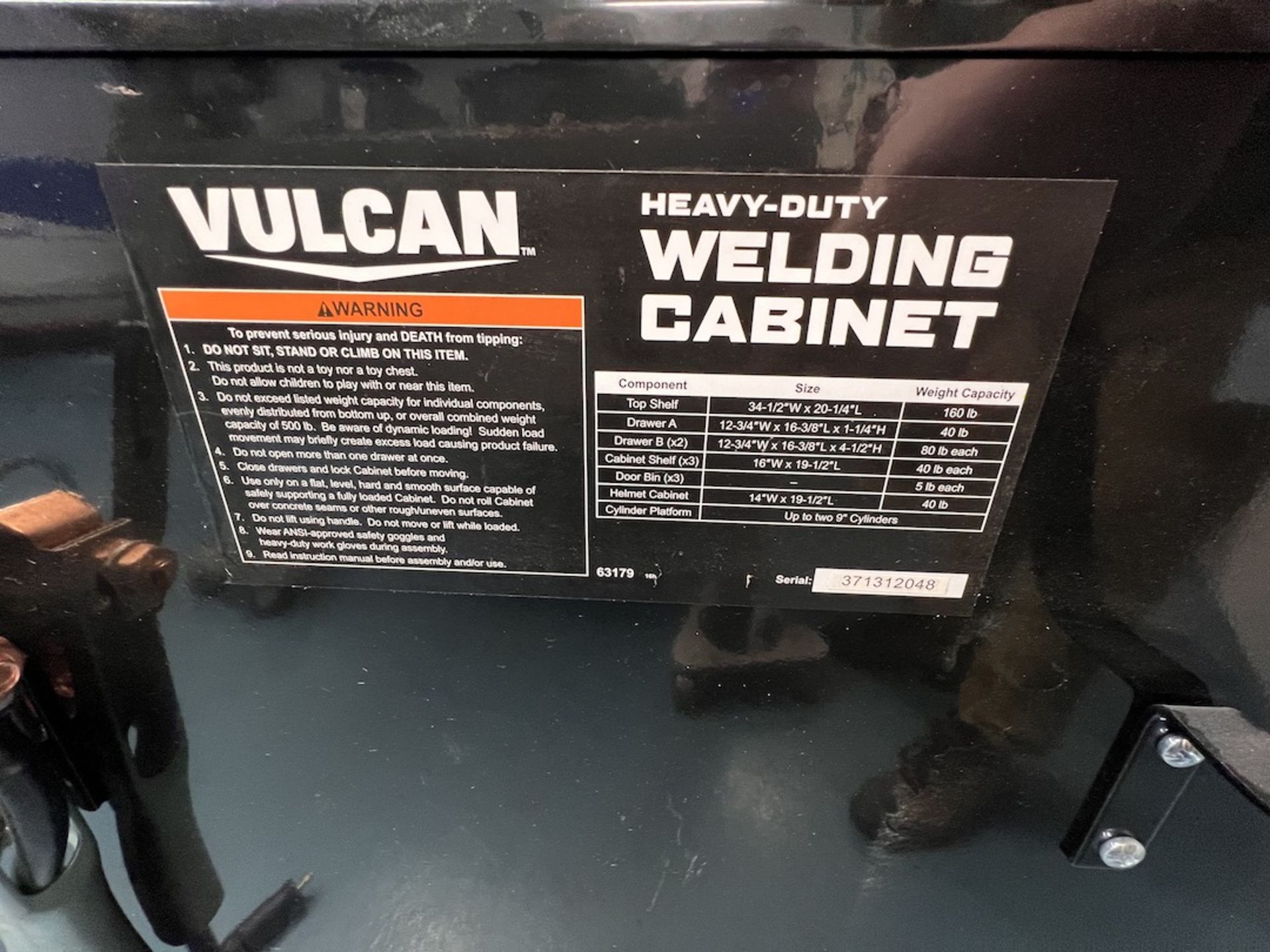 VULCAN WELDING CABINET, WITH (2) 9" CYLINDER CAPACITY, S/N 371312048 - Image 5 of 8