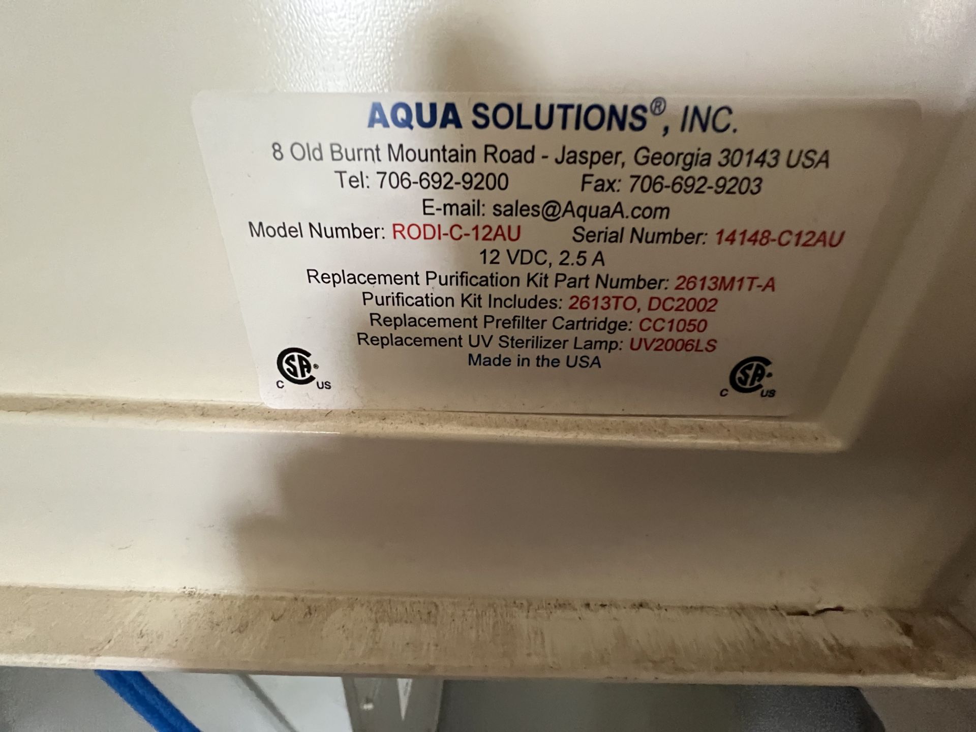 AQUA SOLUTIONS ANALYTICAL GRADE TYPE I DI SYSTEMWITH UV STERILIZER, MODEL RODI-C-12AU, S/N 14148- - Image 8 of 12