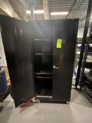 (2) 2-DOOR STORAGE CABINETS, (1) HEAVY DURY PORTABLE CABINET ON WHEELS, (1) WALL MOUNTED CABINET