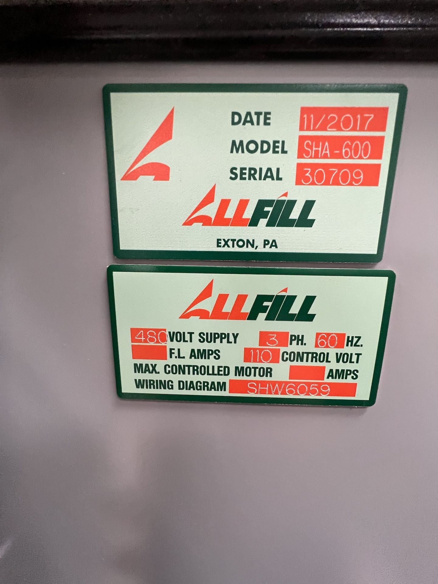 2017 ALLFILL AUGER FILLER, MODEL SHA600, S/N 30709, ALLEN-BRADLEY 1400 PLC480 V, 3 PHASE, 60 HZ - Image 15 of 20