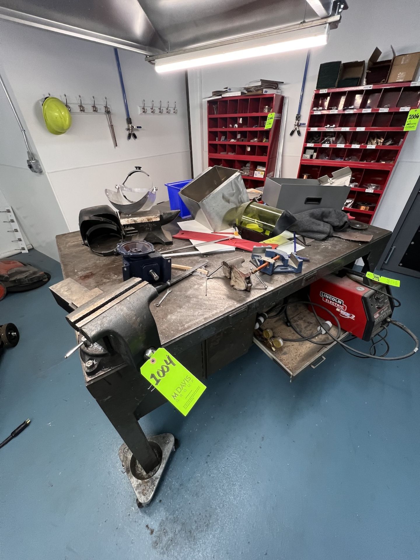 METAL WELDING TABLE WITH MULTIPLE VISES, INCLUDES CONTENTS OF CABINETS, C-CLAMPS AND ASSORTED TOOLS, - Image 2 of 11