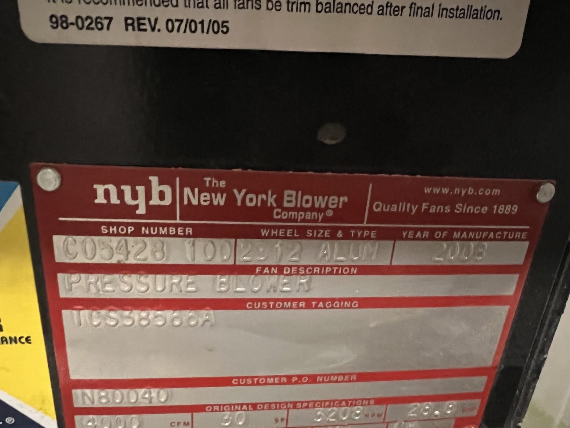 NYB NEW YORK BLOWER COMPANY 60 IN. INDUSTRIAL PRESSURE BLOWER, SHOP NUMBER C05428, 4,000 CFM ( - Image 13 of 19