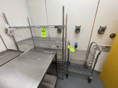 (2) WIRE RACKS, (1) WIRE RACK PUSH CART