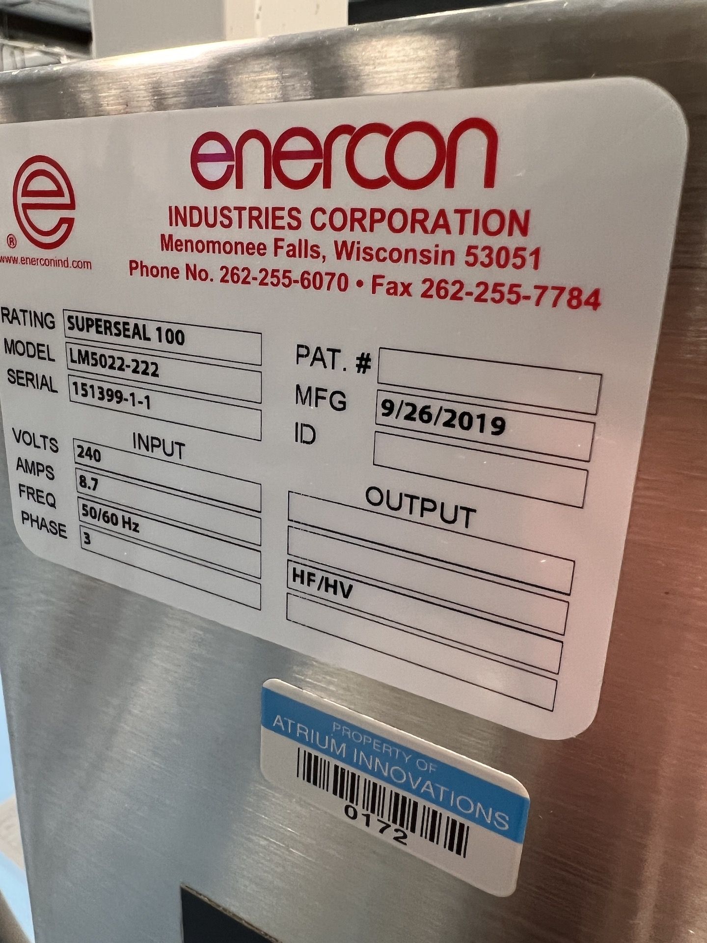 2019 ENERCON SUPERSEAL 100 INDUCTION SEALER, MODEL LM5022-222, S/N 151399-1-1, 240/3/50/60 - Image 3 of 7