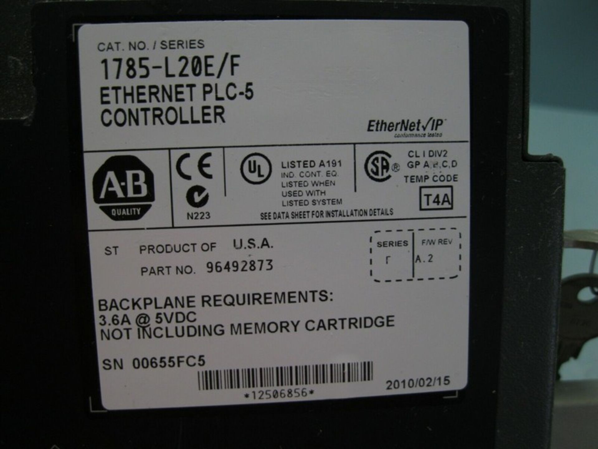 Allen-Bradley 1785-L20E Ser F Ethernet PLC - 5 Controller A18 (2957) (NOTE: Packing and Palletizing - Image 4 of 4