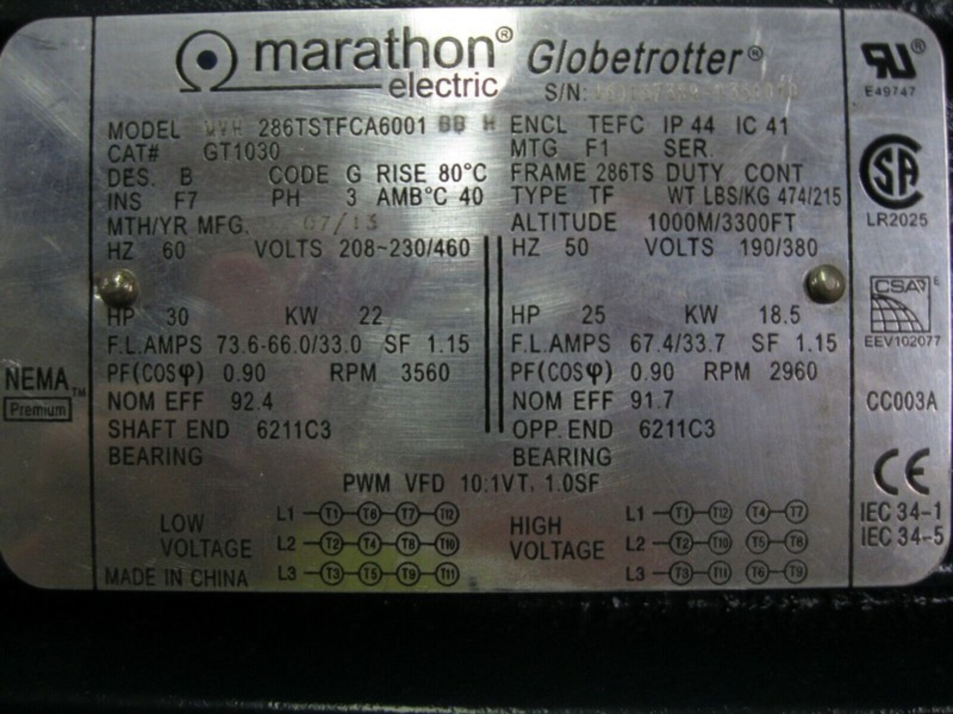 Marathon Electric Globetrotter MVH286TSTFCA6001BBH Motor 30HP NEW (NOTE: Packing and Palletizing - Image 4 of 4