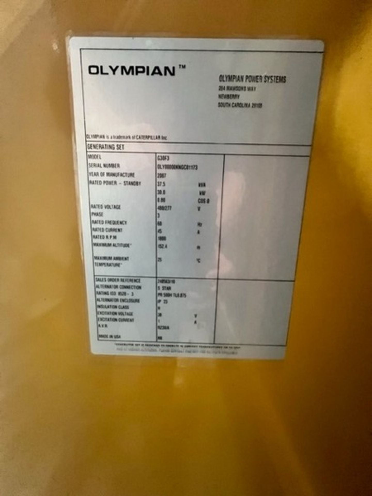 Olympia Natural Gas Operated Generator, Model G30F3, S/N OLY00000KNCO1173, Mfg. 2007,Model of Engine - Image 10 of 11