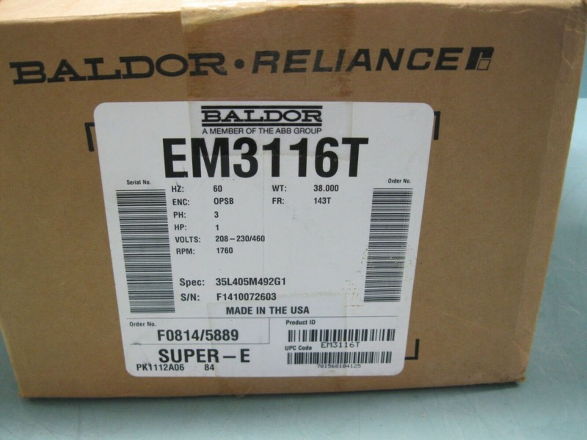 Baldor EM3116T Super-E Motor 1 HP 208-230/460 Shaft Diameter: 7/8" NEW (NOTE: Packing and - Image 4 of 4