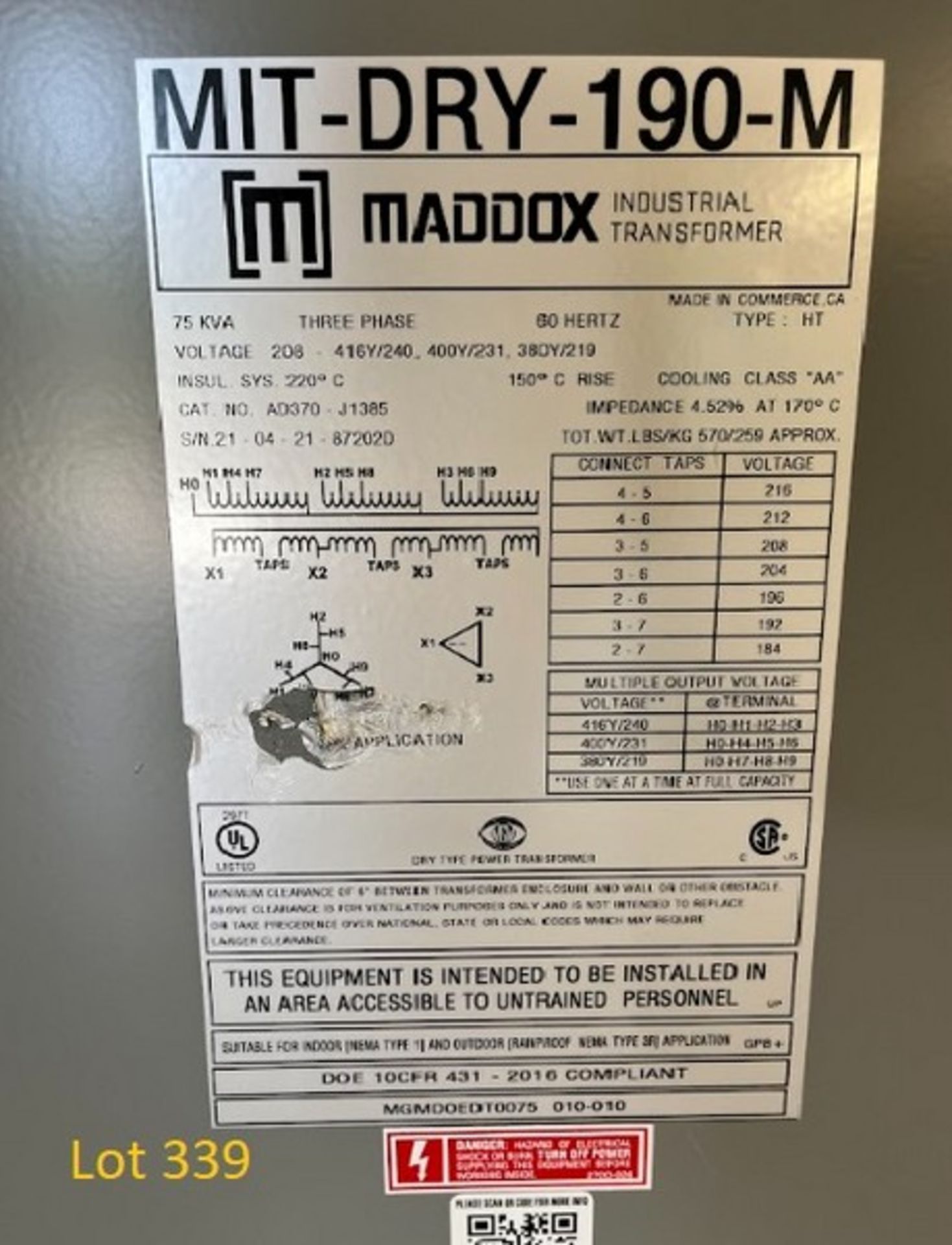 Maddox Transformer - MIT DRY 190 M - 75KVA / 50HZ, Voltage 208 - 416 Y / 240 (Loading Fee $125 -- - Image 2 of 2