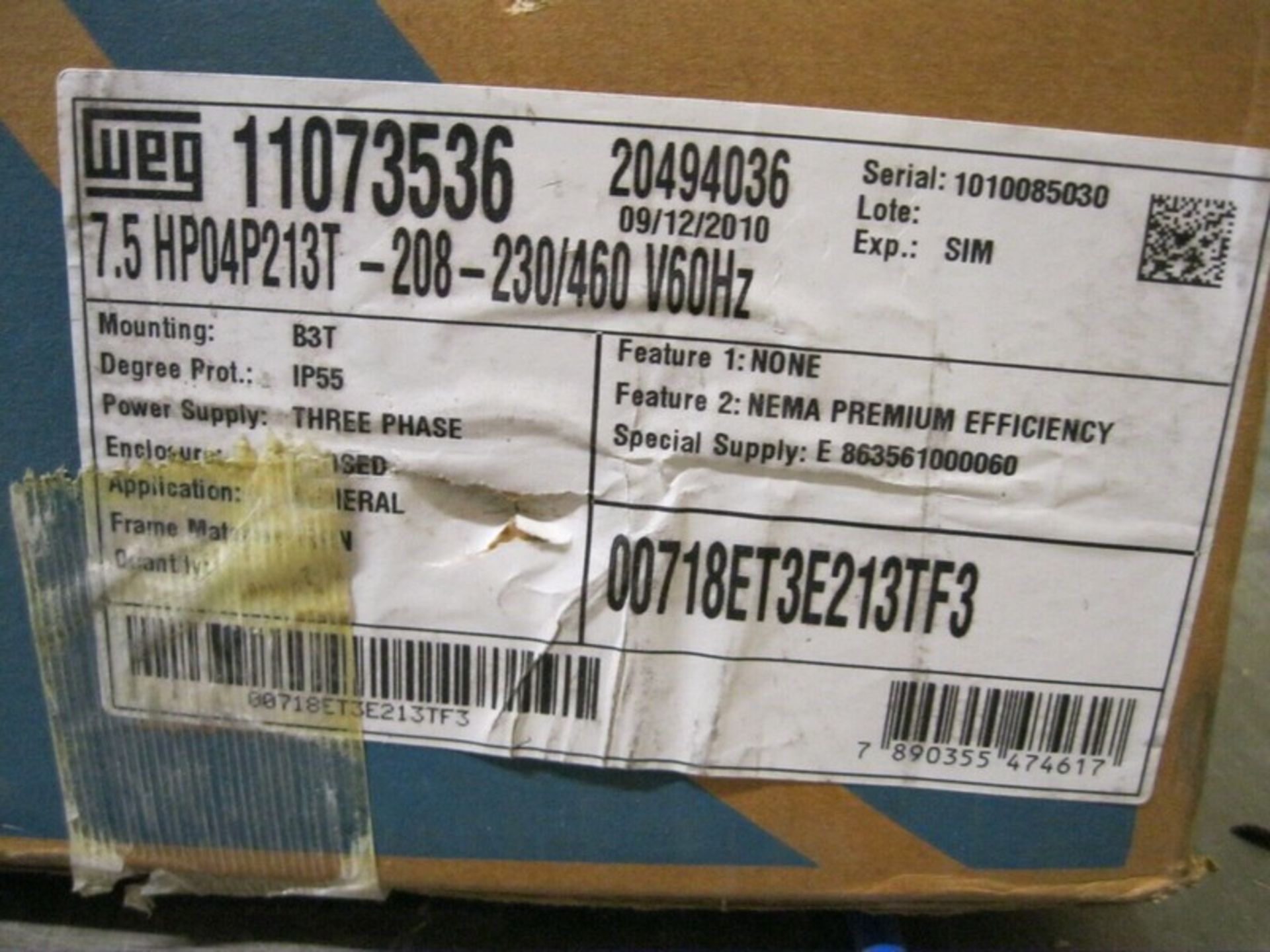 Weg 00718ET3E213TF3 7.5 HP NEMA Premium Motor Shaft Diameter: 1.375" NEW (NOTE: Packing and - Image 3 of 3