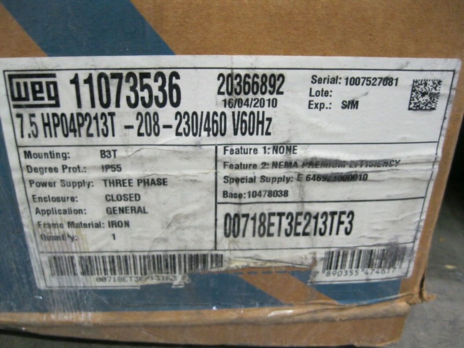 Weg 00718ET3E213TF3 7.5 HP NEMA Premium Motor Shaft Diameter: 1.375" NEW (NOTE: Packing and - Image 3 of 3