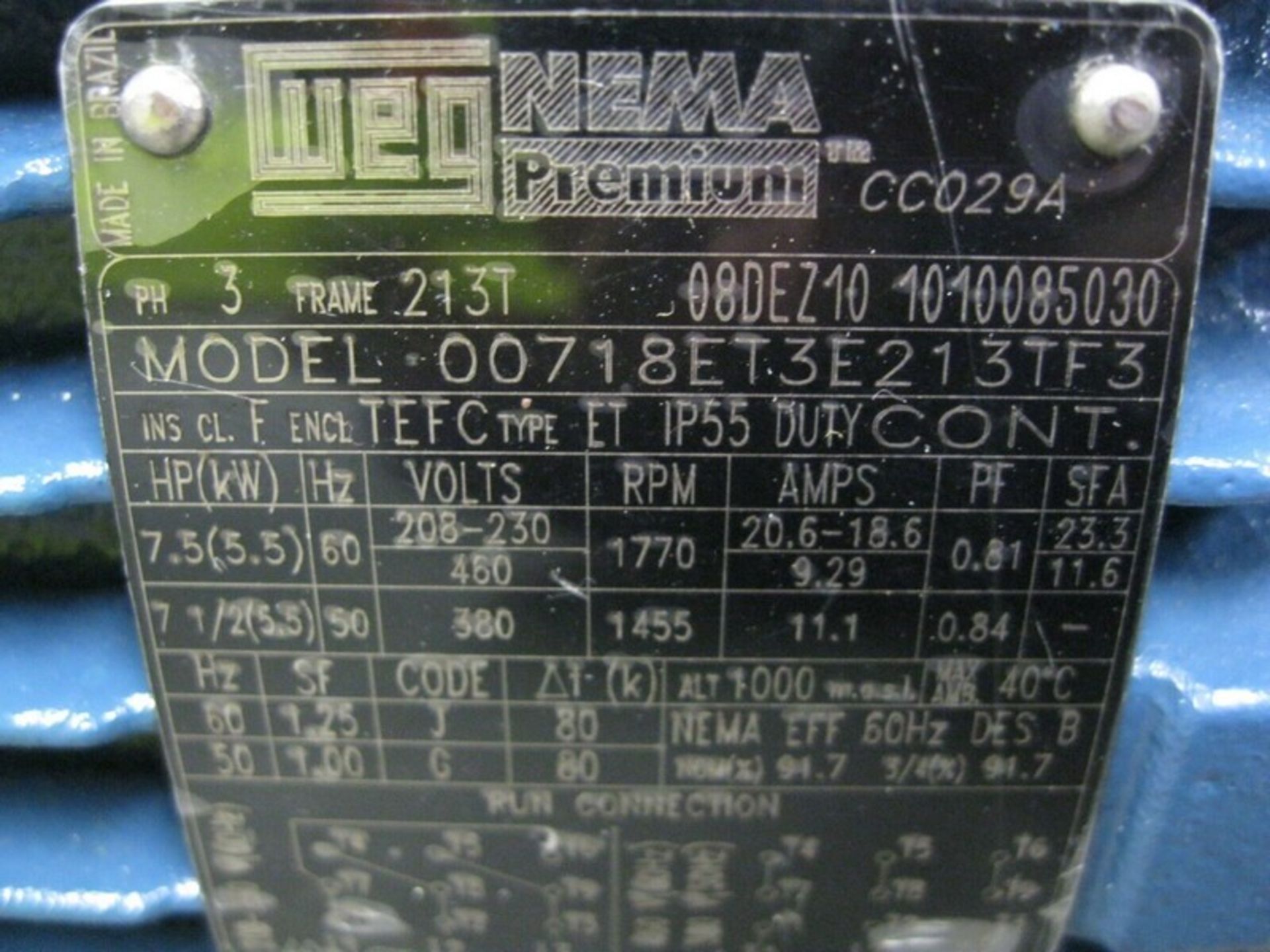 Weg 00718ET3E213TF3 7.5 HP NEMA Premium Motor Shaft Diameter: 1.375" NEW (NOTE: Packing and - Image 2 of 3