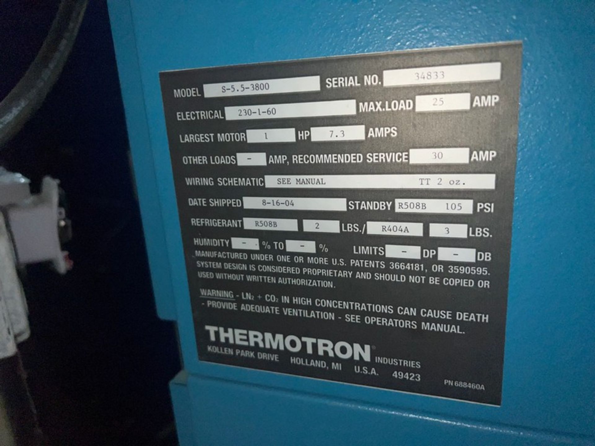 Thermotron Temperature Chamber Model S-5.5-3800, S/N 34833, Electrical 230-1-60, 1 hp Motor, - Image 8 of 8