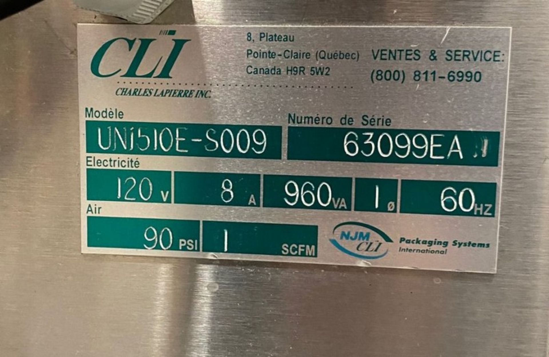 NJM CLI Labeler. Model: UNI510E-S009, Serial: 63099EA.1, 120 Volts, 60 Hz, Single Phase, 90 PSI. - Image 6 of 6