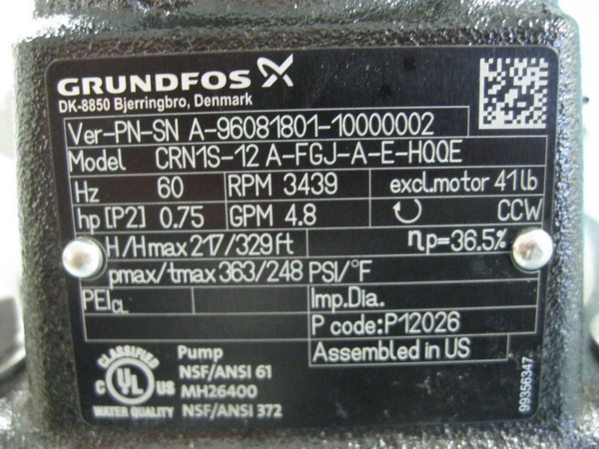 1" Grundfos CRN 1S-12 Centrifugal Pump DIN/ANSI/JIS 3/4 HP Motor AS IS (NOTE: Packing and - Image 7 of 7