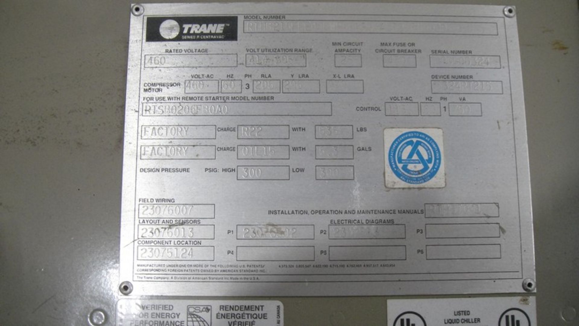 Trane RTHB 215 Series R Centravac Chiller, Model #RTHB215FLE000 LWP000RNN41LF2LF000U0, S/N U96G05324 - Image 7 of 20