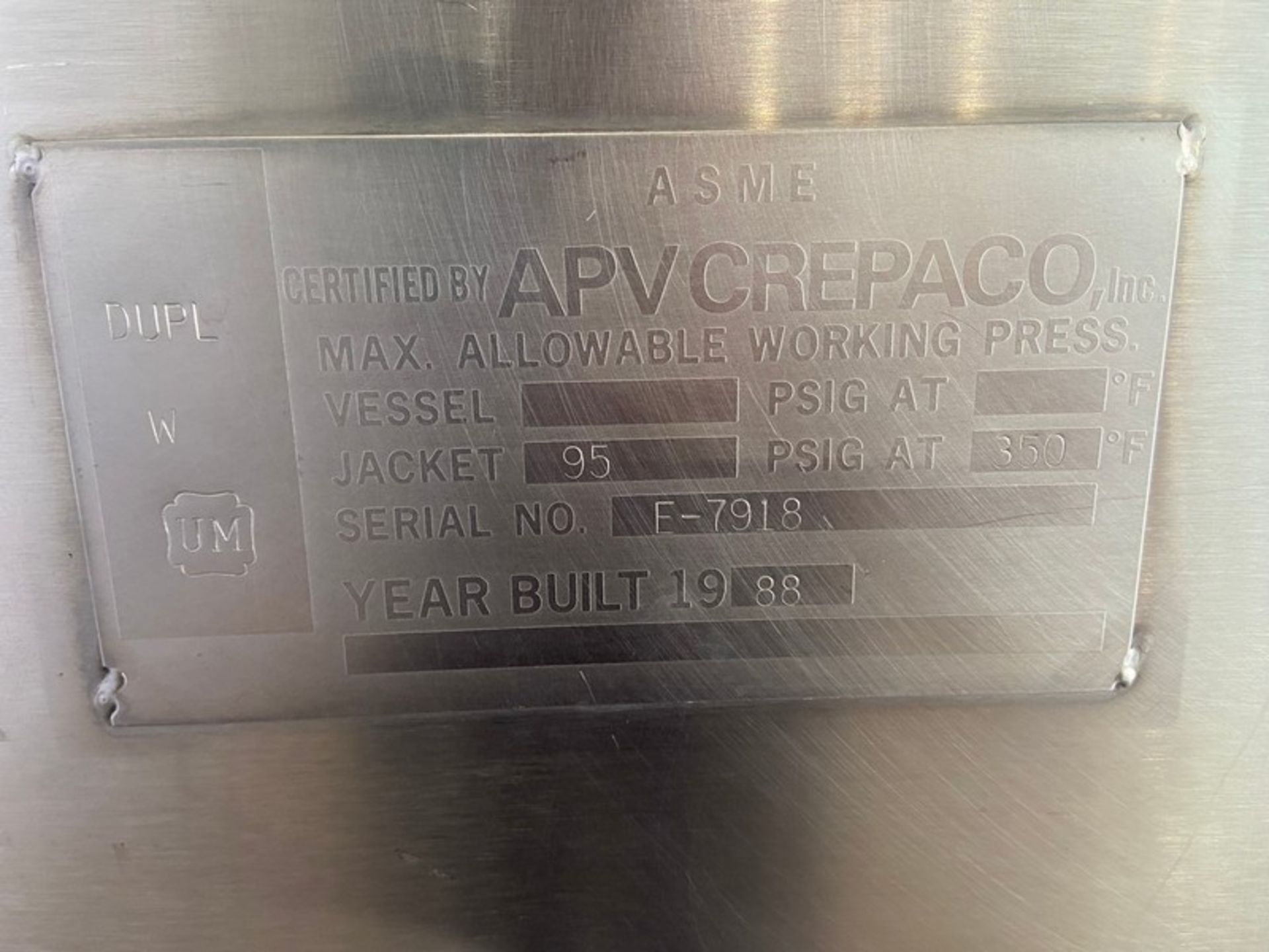 APV Crepaco Aprox. 100 Gal. S/S Liquifier, S/N E-7918, Jacket 95 PSIG @ 350 F, with 25 hp Motor, - Image 7 of 12