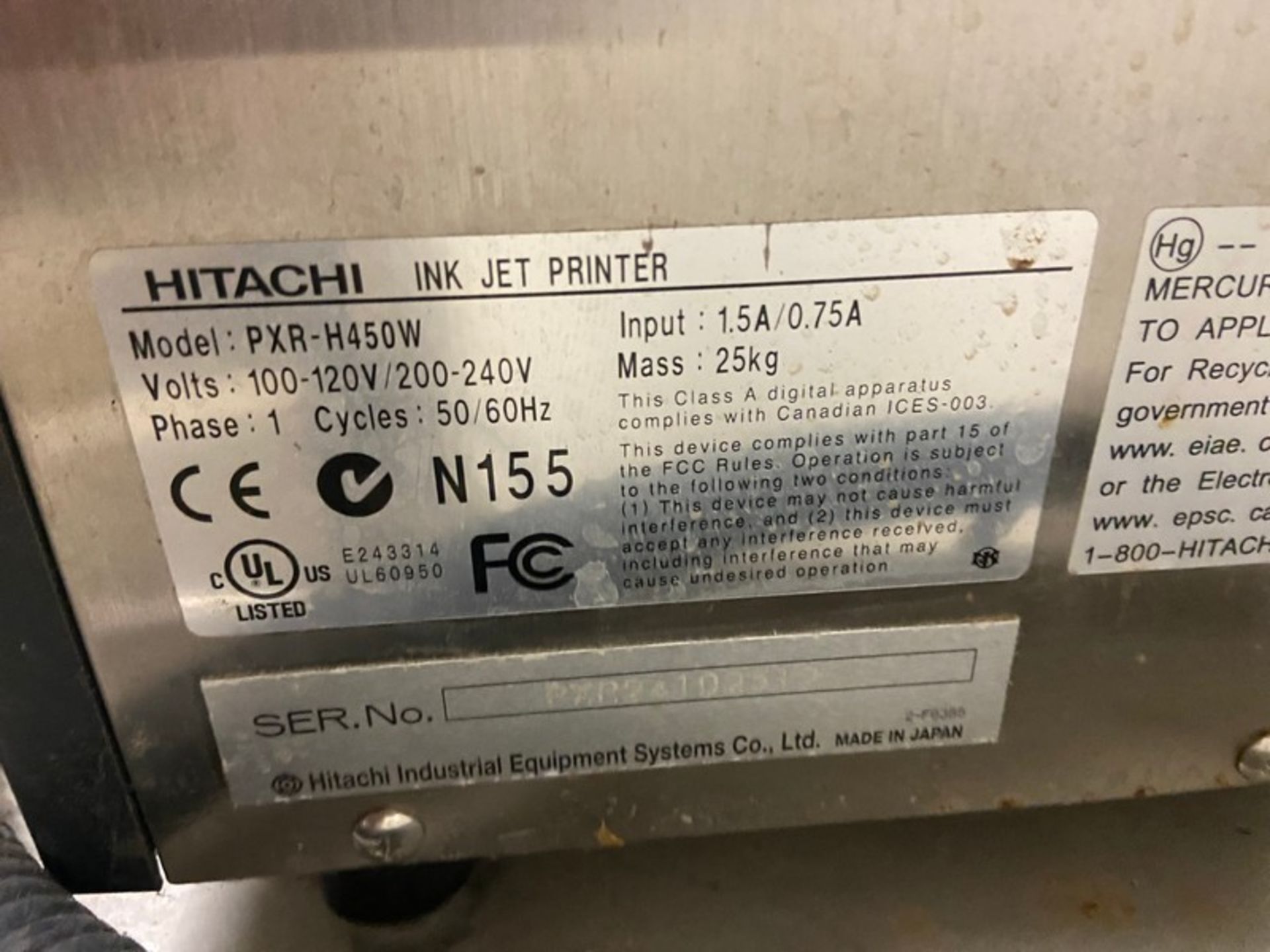 HITACHI Ink Jet Printer, M/N PXR-H450W, 100-120/200-240 Volts, 1 Phase, with Ink Head, Mounted on - Image 4 of 5