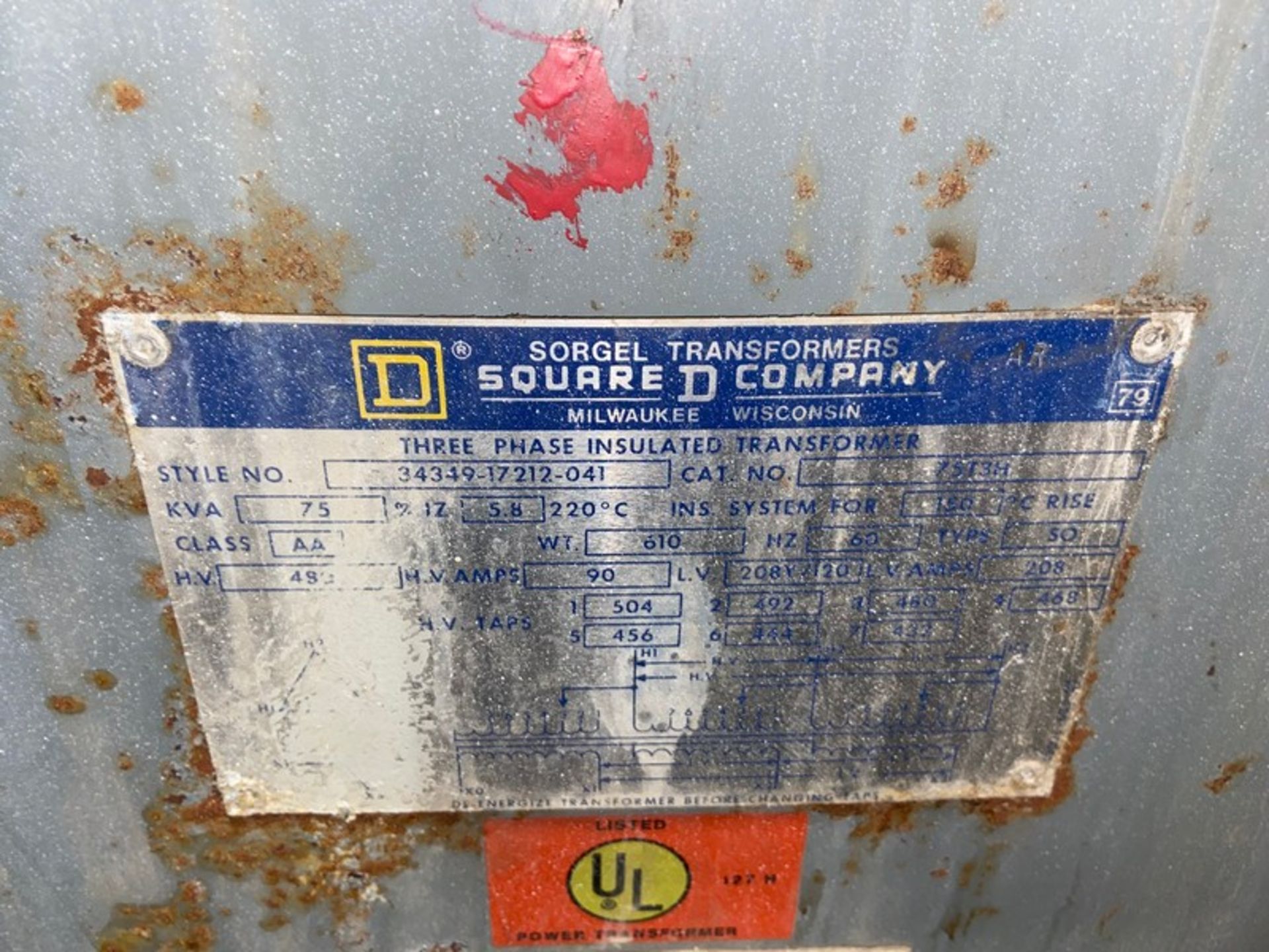 Square D Transformer, Style No.: 343-19-17212-041, Class AA, Cat. No. 75T3H (LOCATED IN CRYSTAL - Image 3 of 4