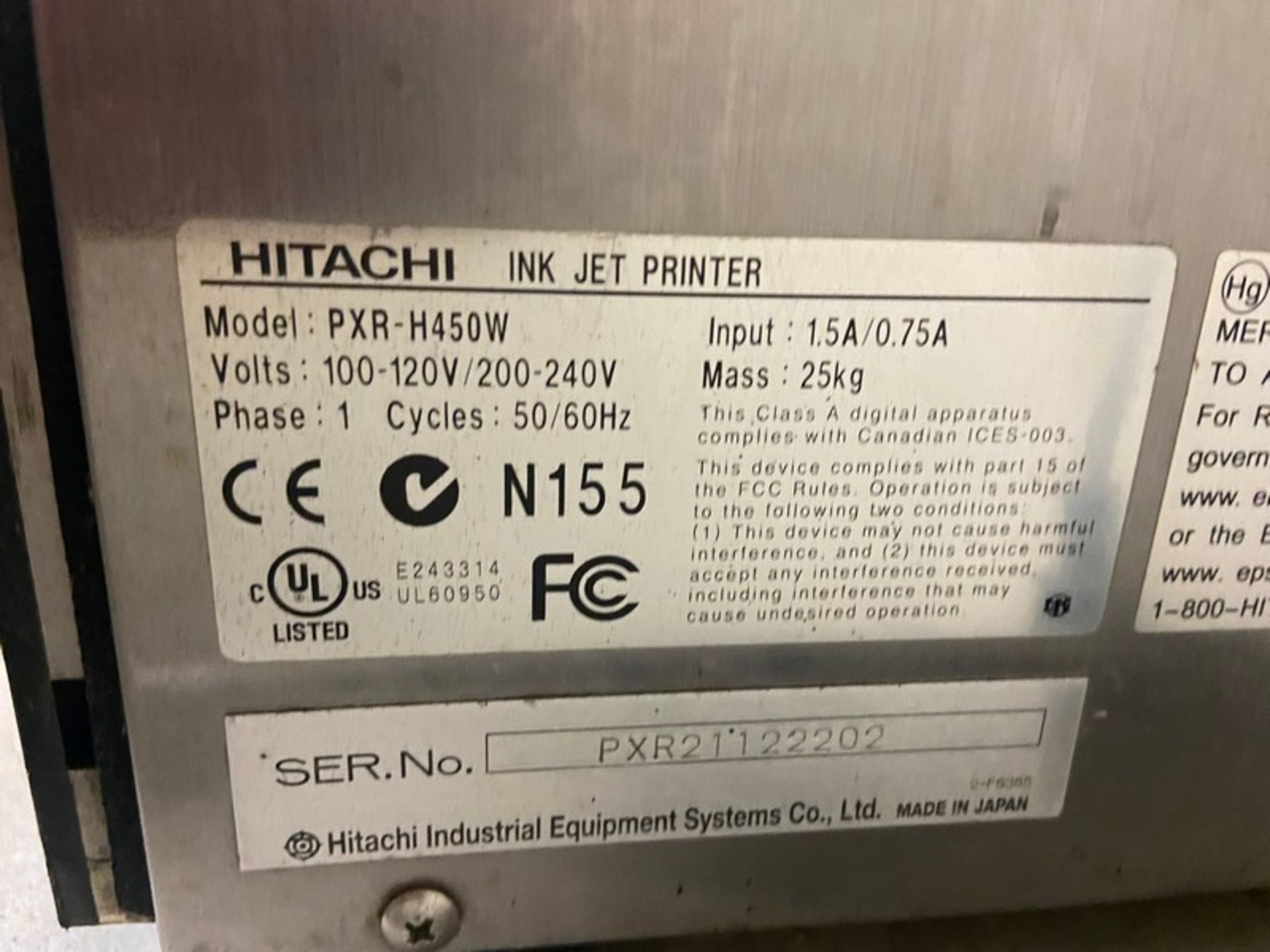 HITACHI Ink Jet Printer, M/N PXR-H450W, S/N PXR21122202, 100-120/200-240 Volts, 1 Phase, with Ink - Image 4 of 5