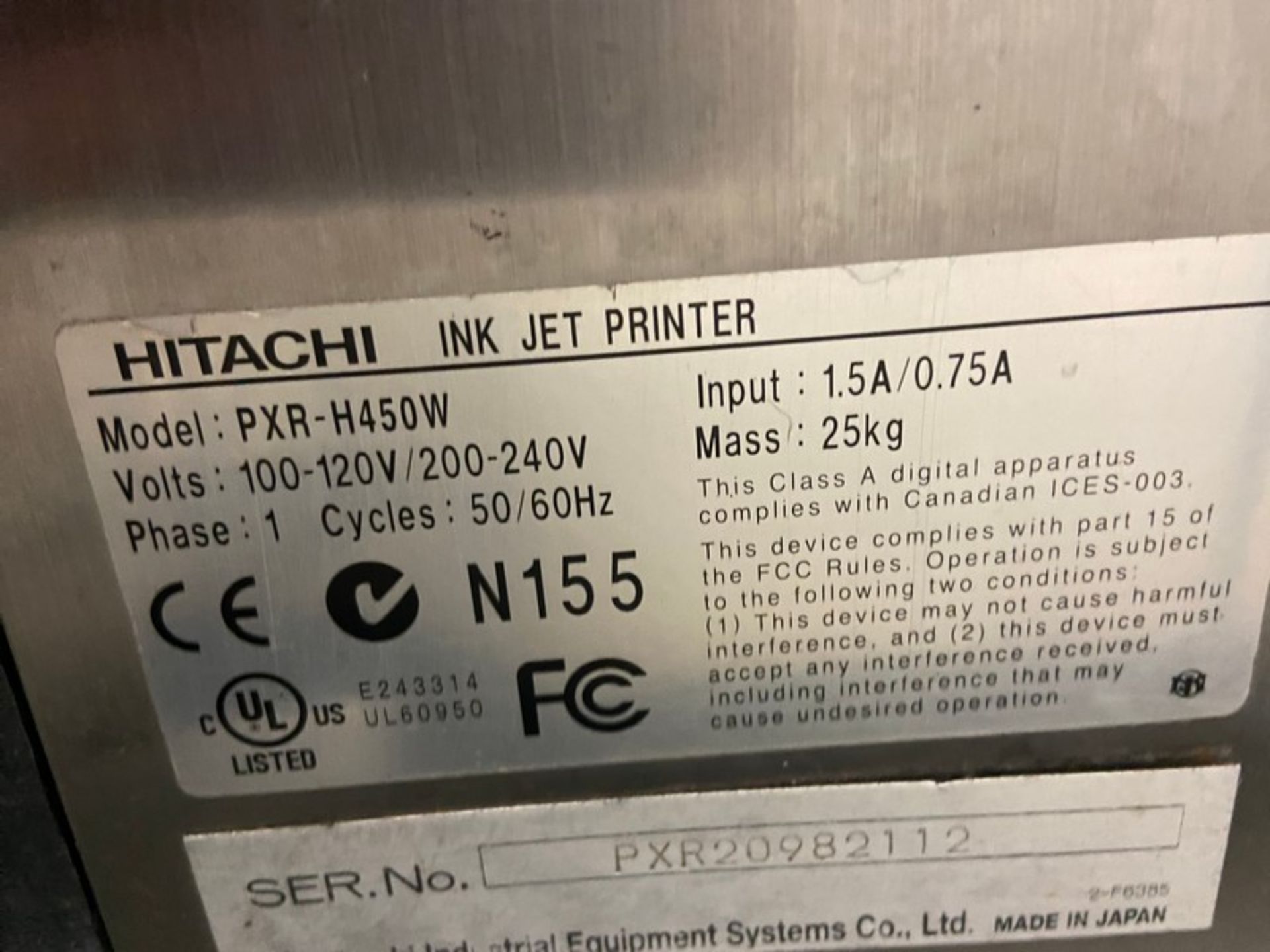 HITACHI Ink Jet Printer, M/N PXR-H450W, S/N PXR20982112, 100-120/200-240 Volts, 1 Phase, with Ink - Image 5 of 5