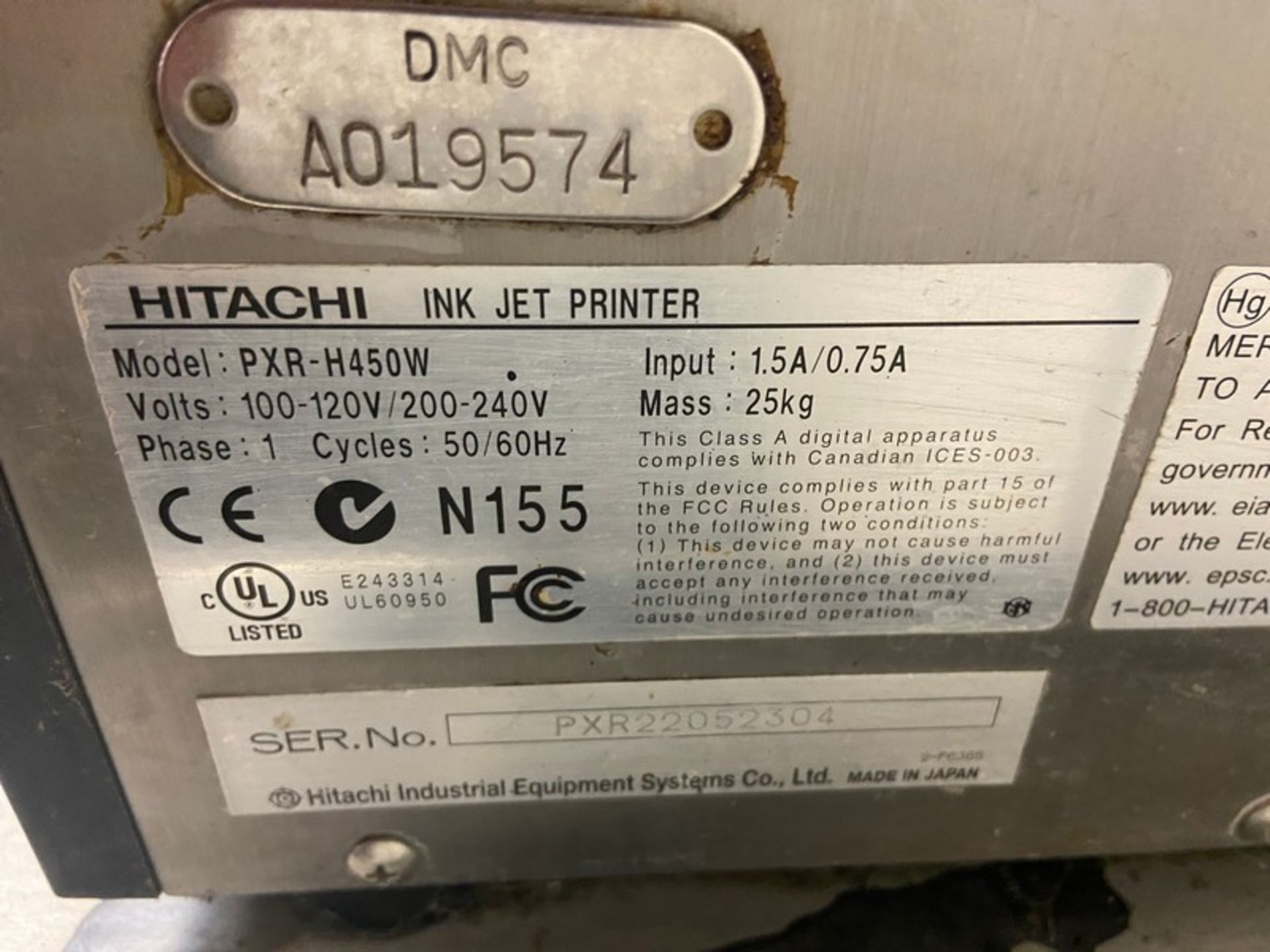 HITACHI Ink Jet Printer, M/N PXR-H450W, S/N PXR22052304, 100-120/200-240 Volts, 1 Phase, with Ink - Image 4 of 5