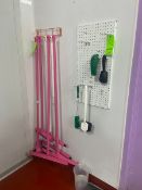 Lot of Assorted Pink Floor Squeegees with Assorted Brushes, Includes Rack & Hole Board (LOCATED IN
