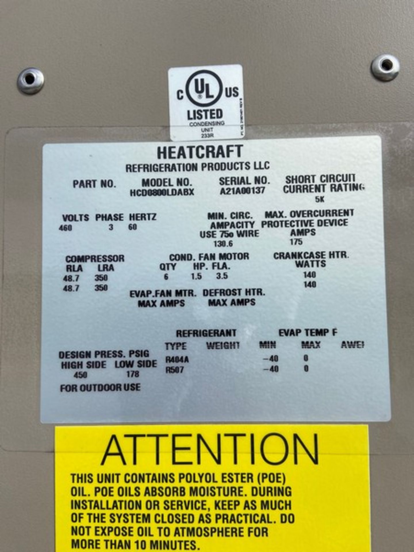 2021 Heatcraft Refrigeration Products LLC. Freon Refrigeration Unit, M/N HCD0800LDABX, S/N A21A00137 - Image 5 of 6